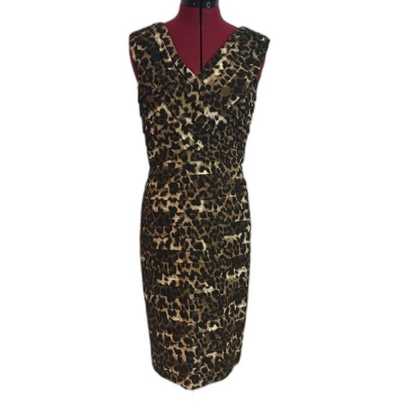 Adrianna Papell Sheath Midi Dress Size10 Gold & Black Animal Print Sleeveless - Picture 1 of 9